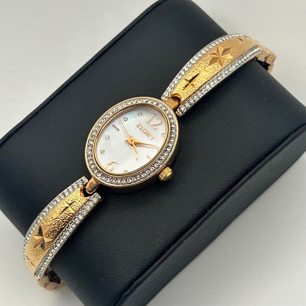 Elgin Women’s Rose Gold Analog Watch Mother Pearl Dial Working New Battery